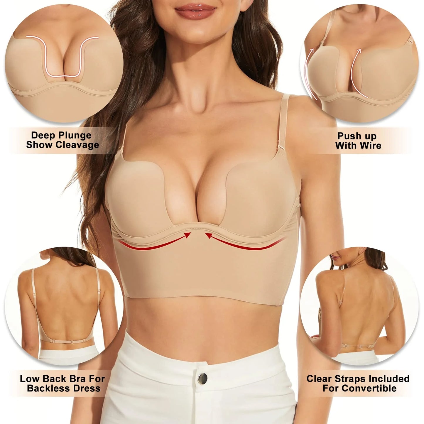 SUJETADOR MUJER PUSH-UP SIN ESPALDA CON TIRANTES TRANSPARENTES CONVERTIBLES 1212