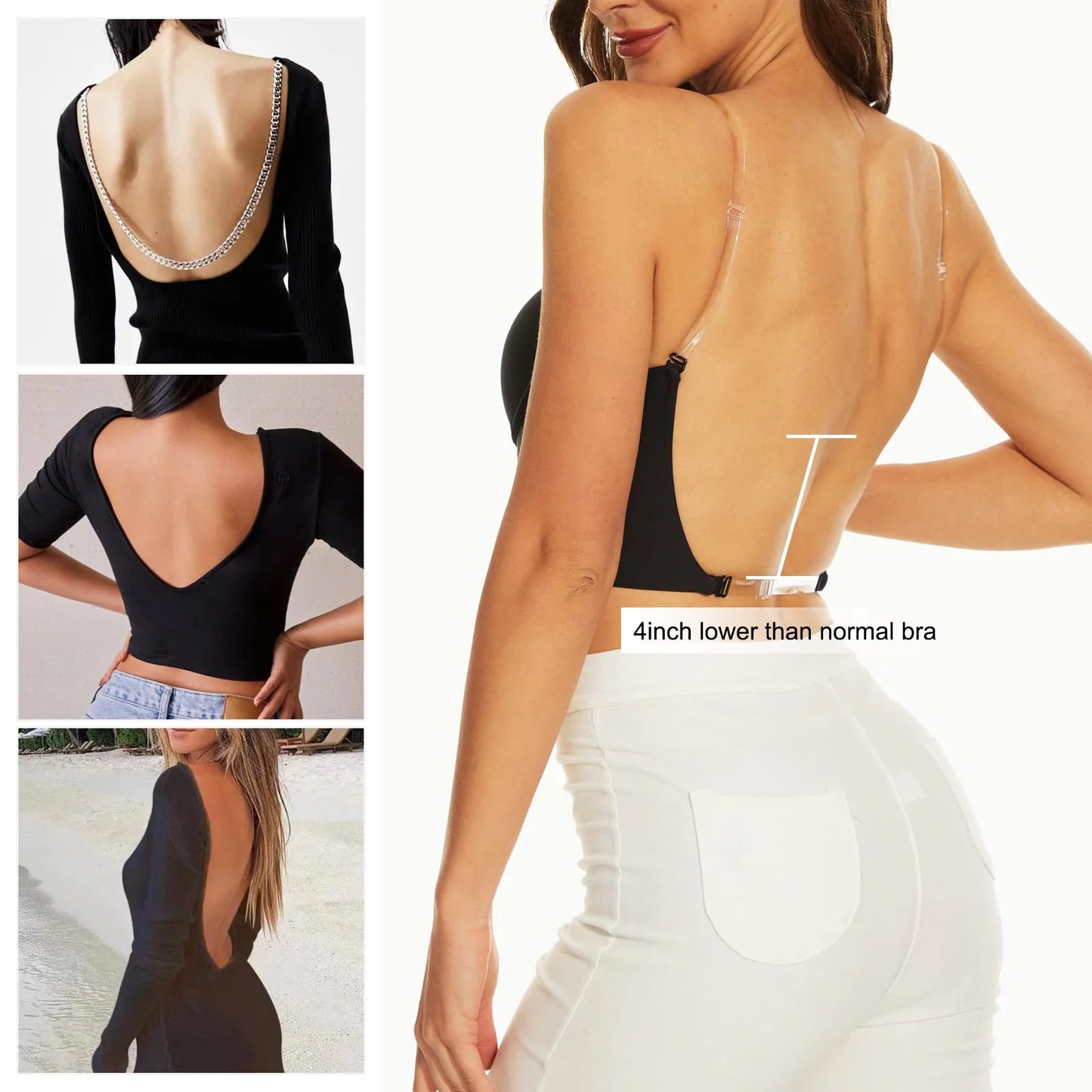 SUJETADOR MUJER PUSH-UP SIN ESPALDA CON TIRANTES TRANSPARENTES CONVERTIBLES 1212