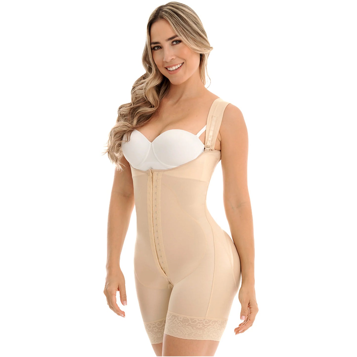 Faja postoperatoria de busto abierto hasta la mitad del muslo con tirantes anchos ajustables 0269