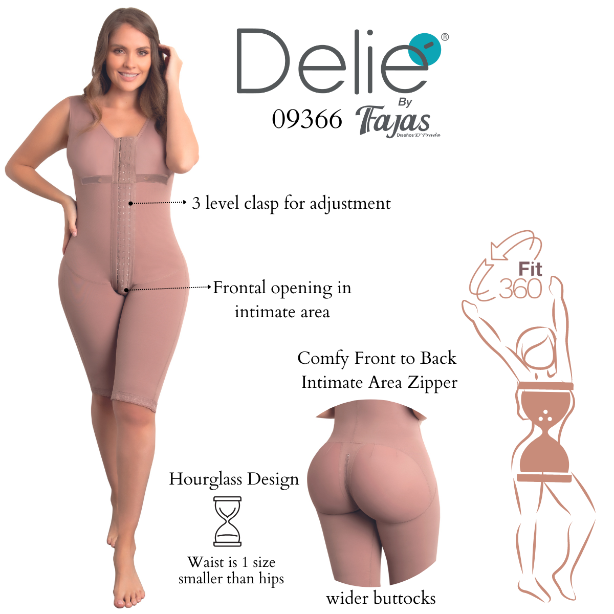 Faja 360 Sleeveless, knee length with three levels of hook 09366