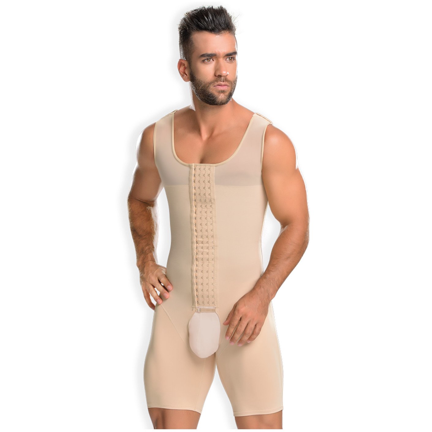 FAJA DE MEDIO MUSLO CON 4 GANCHOS DELANTEROS, COBERTURA ESPALDA Y TIRAS AJUSTABLES PARA HOMBRES 0061